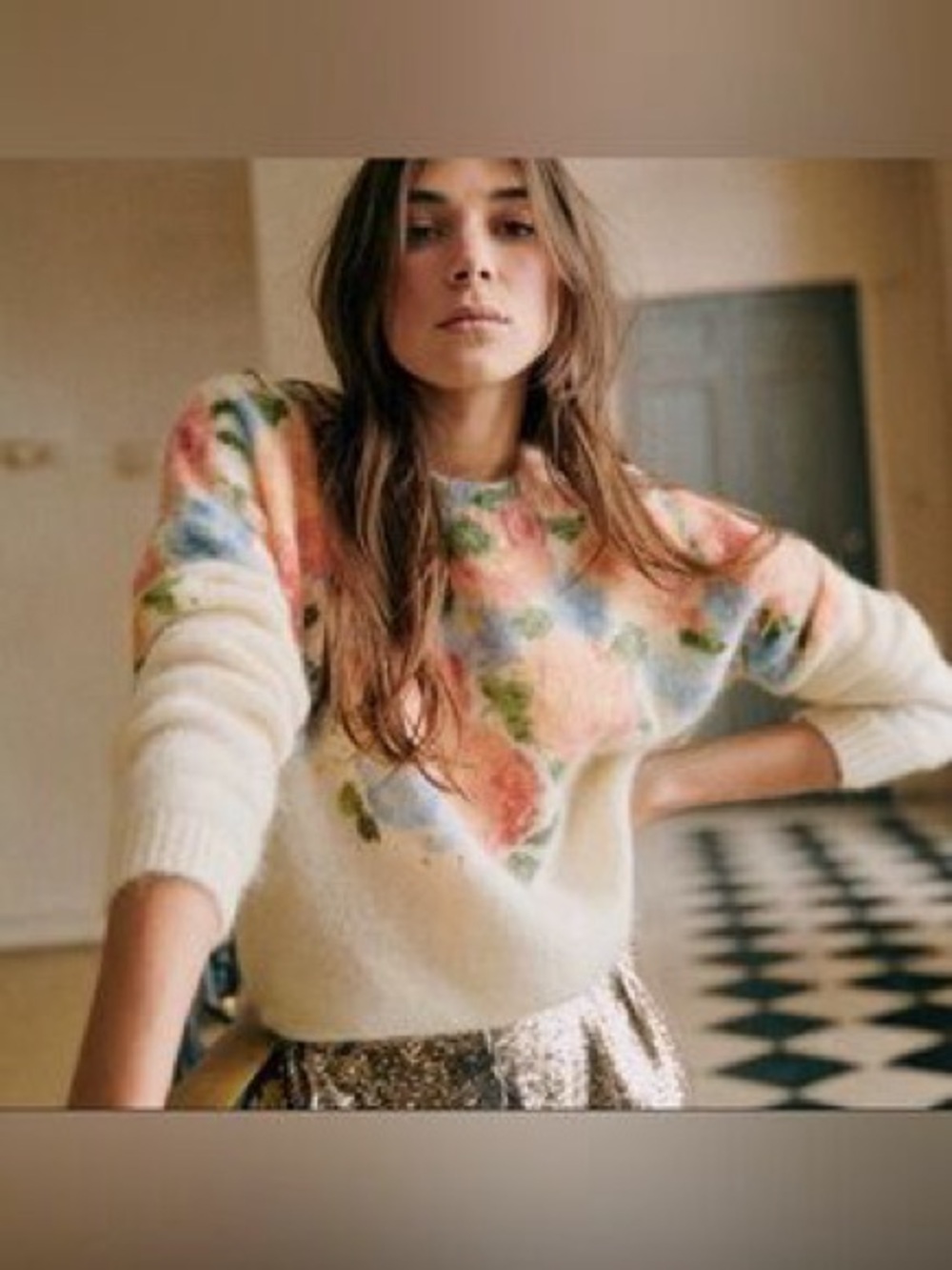 Sézane Malory Mohair Wool Pastel Roses Gold Flecked Sweater L Whimsy Boho Fall - Picture 9 of 9